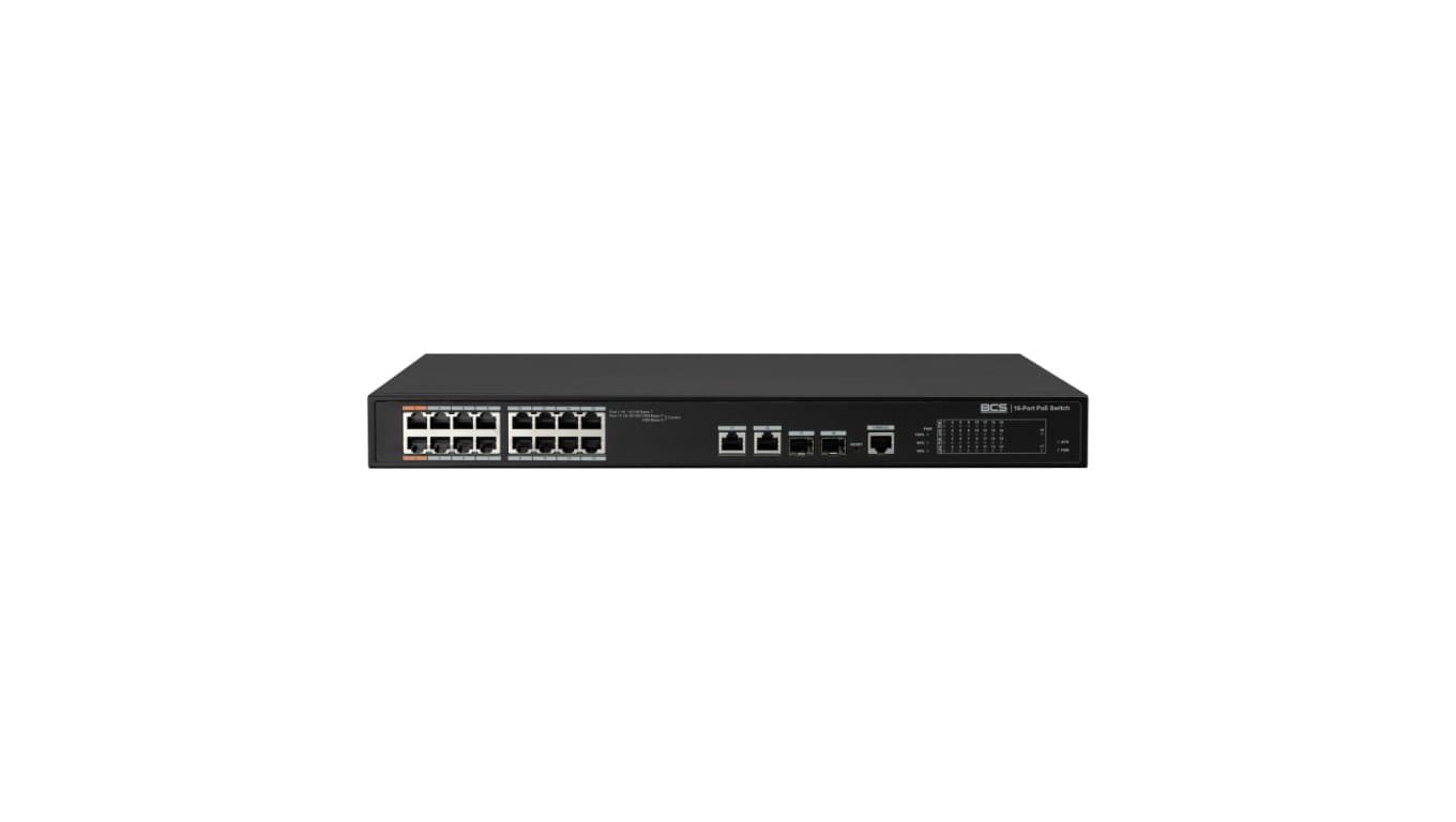 18 portowy zarządzalny Switch (PoE), 16 portów PoE 100Mbps, 2 porty RJ45 uplink Gigabit, 2 porty światłowodowe SFP Gigabit