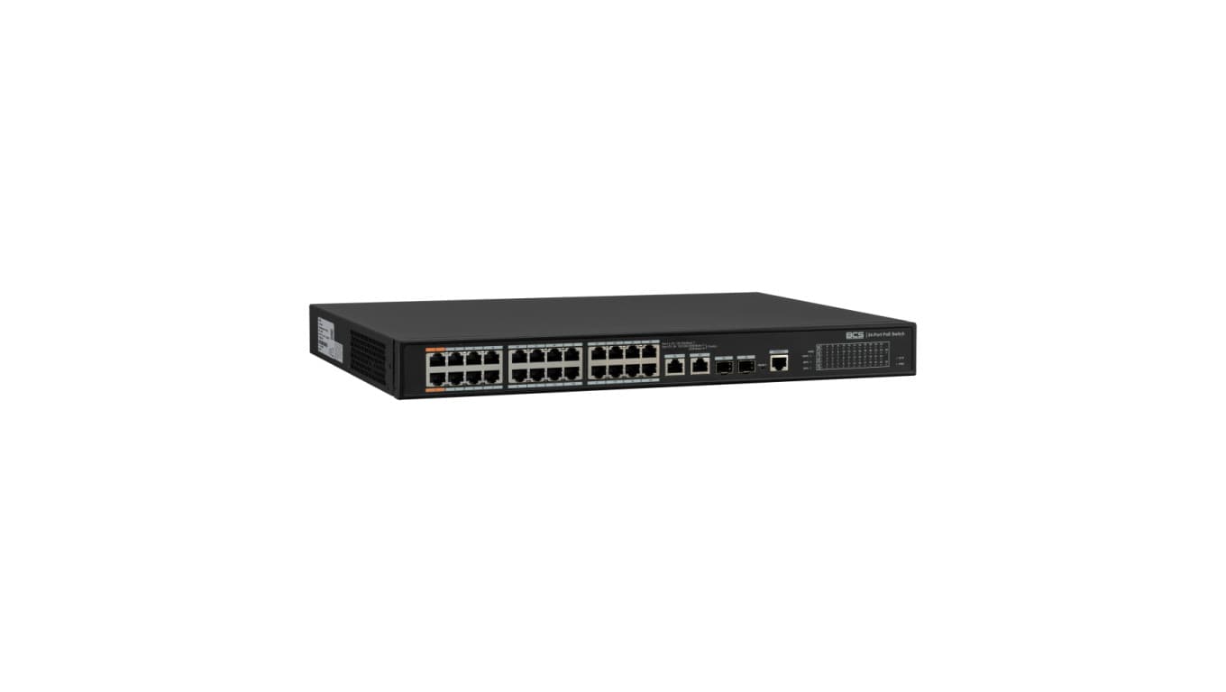 26 portowy zarządzalny Switch (PoE), 24 portów PoE 100Mbps, 2 porty RJ45 uplink Gigabit, 2 porty światłowodowe SFP Gigabit