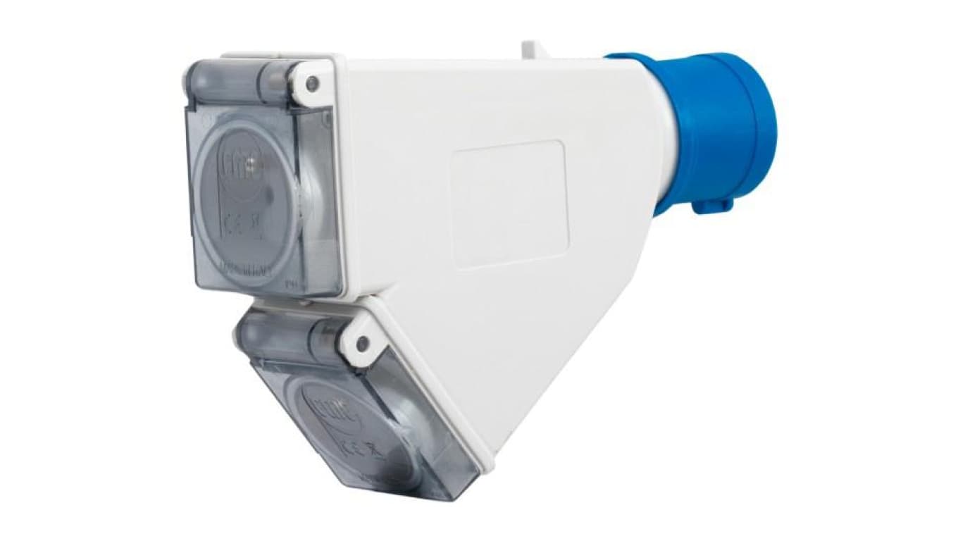 Adapter kempingowy wtyk 16A 3p przemysłowy, gniazdo tablicowe 2x230V IP44