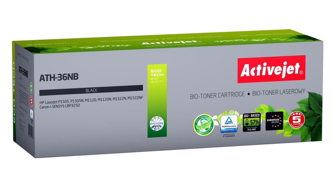 BIO Toner Activejet ATH-36NB (zamiennik HP 36A CB436A, Canon CRG-713 Supreme 2000 stron czarny). Proszek w tonerze jest biodegra