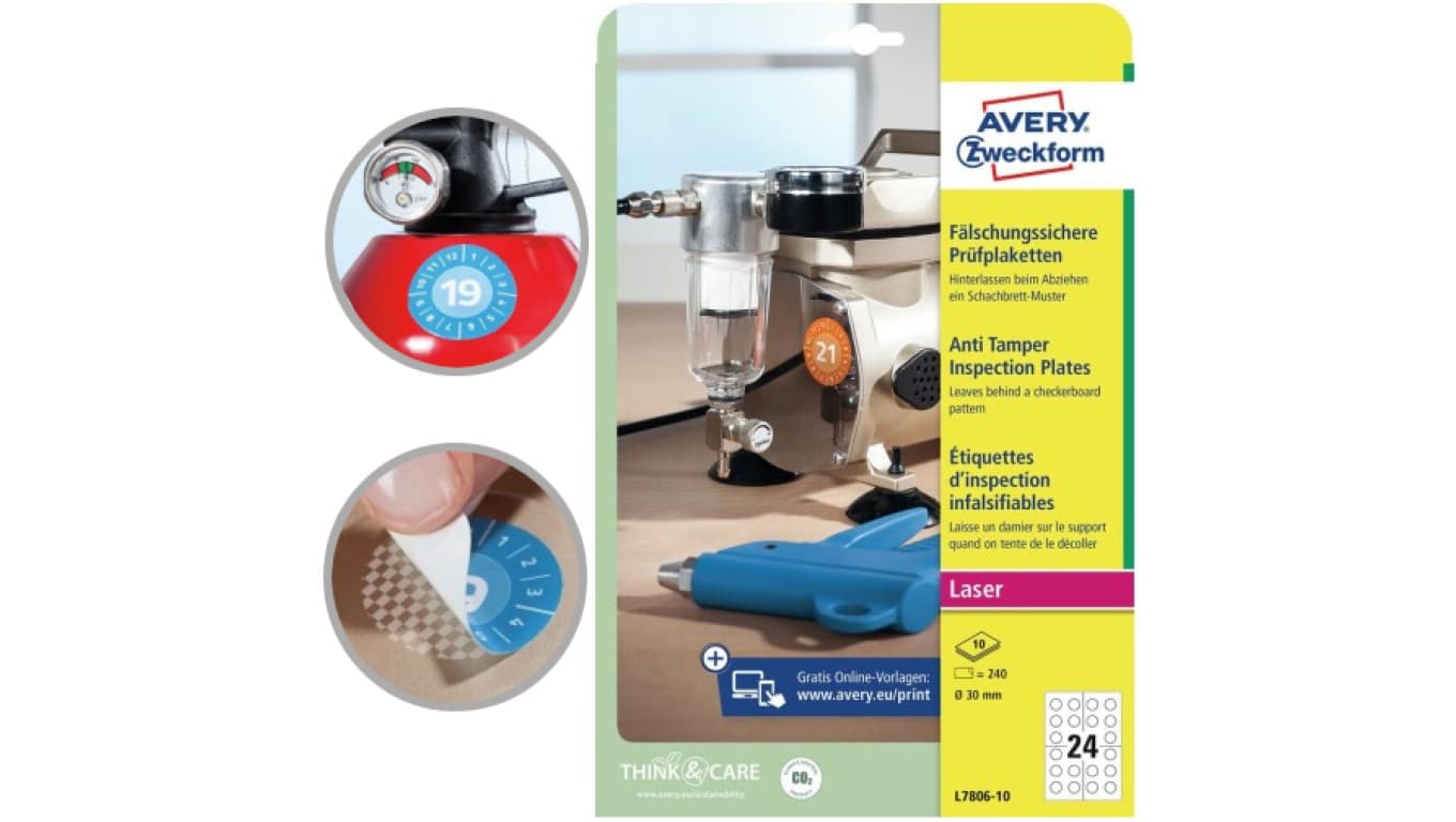 Etykiety inspekcyjne AVERY Zweckform L7806-10 (30mm x 30mm Folia, Poliester kolor biały)
