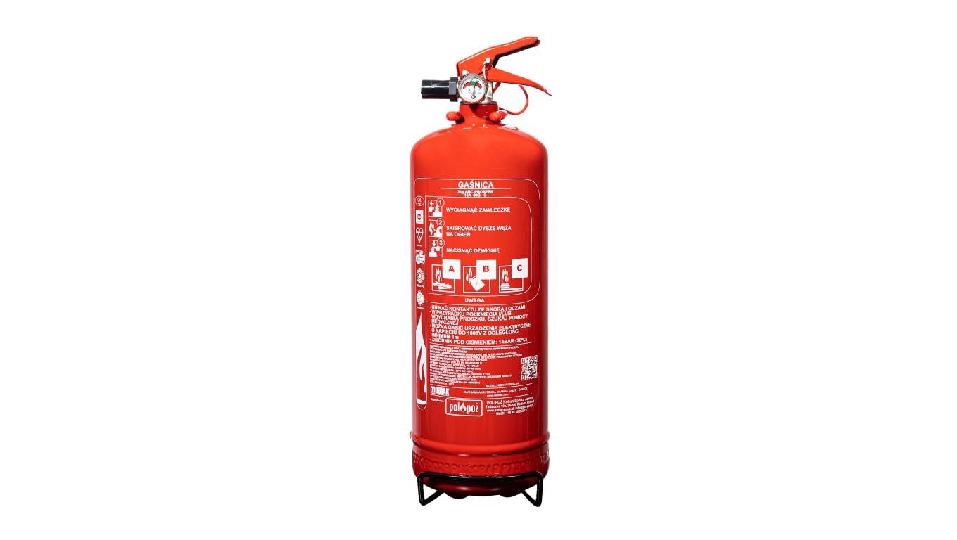 Gaśnica proszkowa GP2x 2kg ABC Mobiak z wieszakiem, certyfikaty: CE, BSI, CNBOP, EN3, MED, MPA