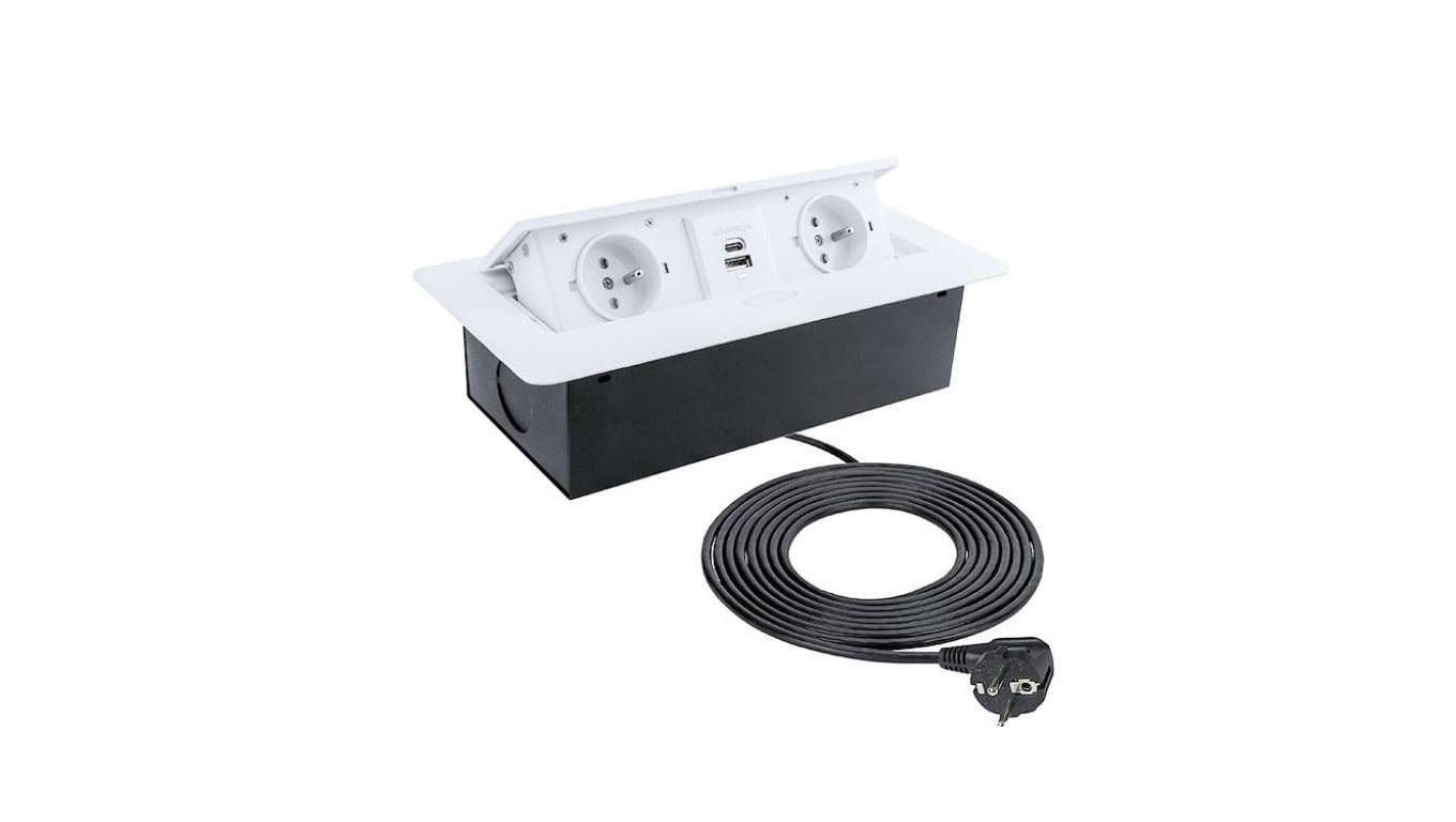 Gniazdo meblowe, blatowe 2x2P+Z 16A 230V + 1xUSB A + 1xUSB C 2,1A 5V 3m białe KOMBI BOX