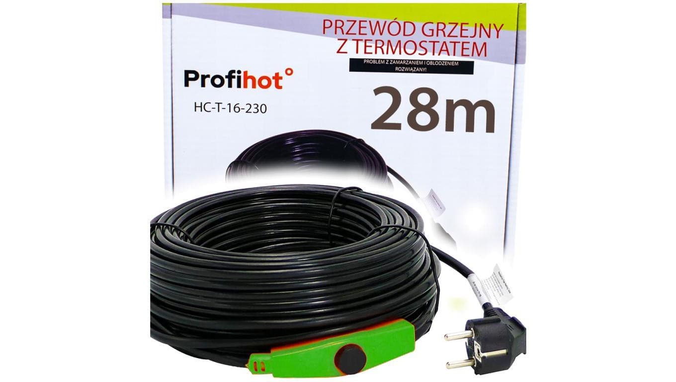 KABEL GRZEWCZY PRZEWÓD GRZEJNY Z TERMOSTATEM do rynny rur 230V 448W 28M