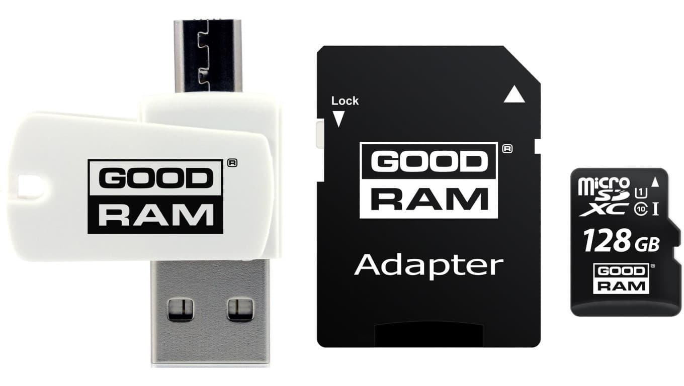 Karta pamięci z adapterem i czytnikiem kart GoodRam All in one M1A4-1280R12 (128GB Class 10 Adapter, Czytnik kart MicroSDHC, Kar