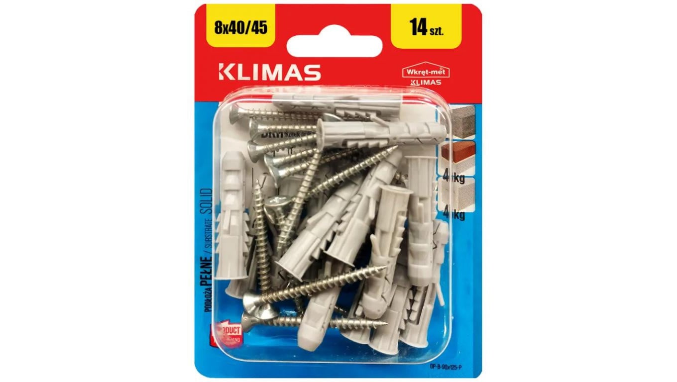 Kołki rozporowe wkręcane KRX 8x40mm z wkrętem PZ 4x45mm z łbem stożkowym do betonu, cegły ceramicznej i cegły silikatowej KLIMAS