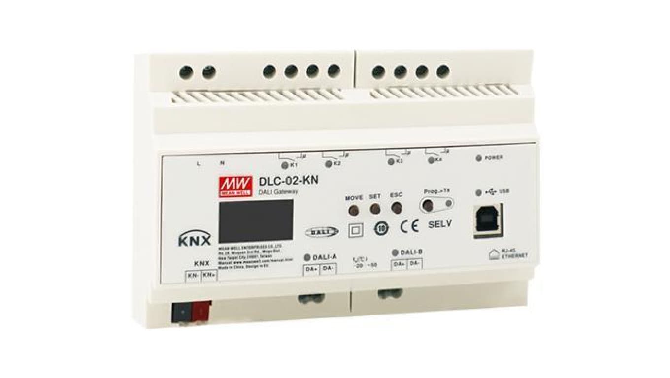 Kontroler DALI-2 z bramką KNX na szynę DIN, obsługa DT8, wyśw. LCD, 4 przekaźniki 250V/5A, USB, Ethernet DLC-02-KN