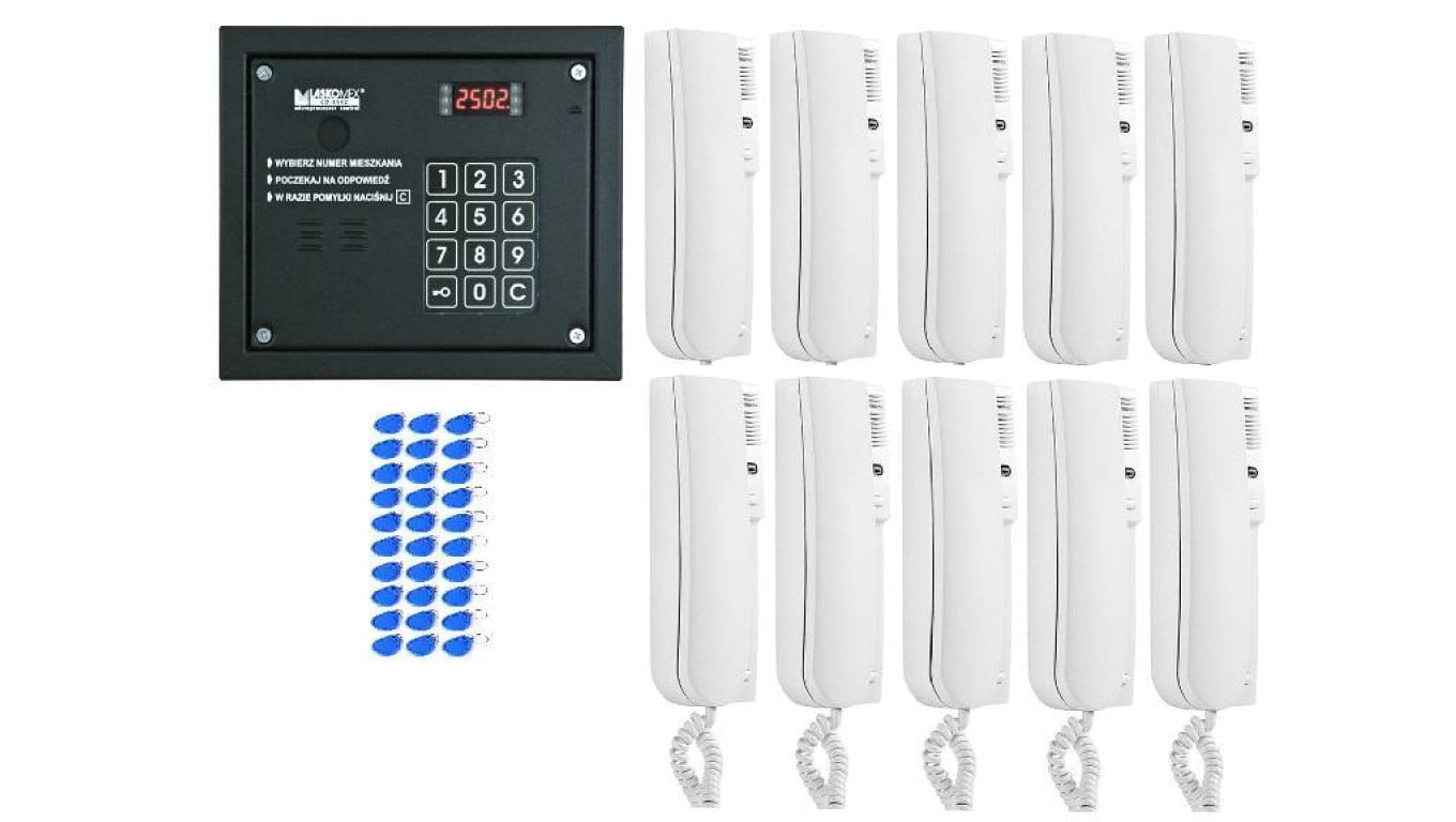 Laskomex system domofonu 10 lokatorów, 1 wejście, czytnik rfid.