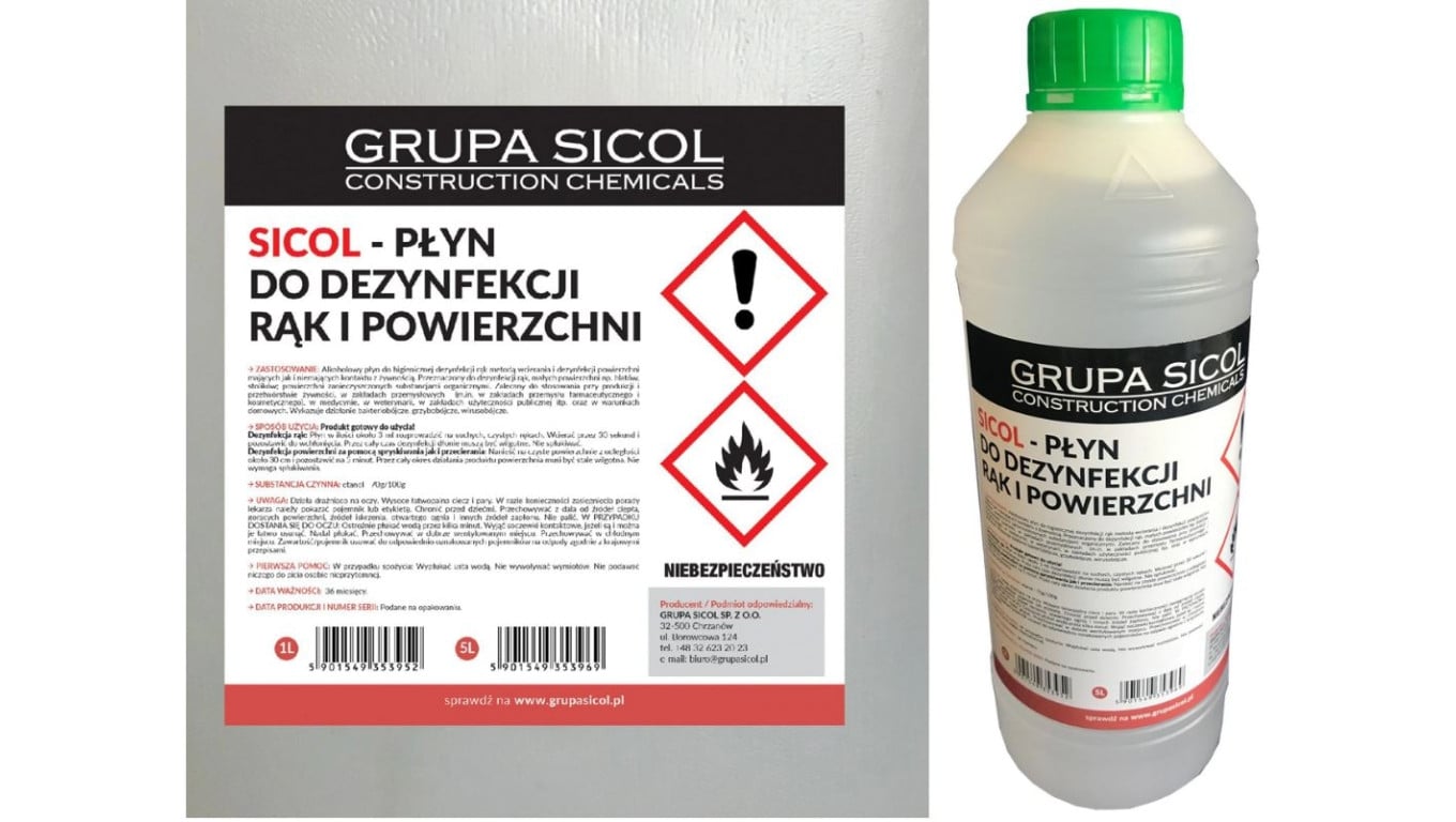Płyn do dezynfekcji rąk alkohol 70 1L POLSKA / Płyn antybakteryjny / Sicol 1L