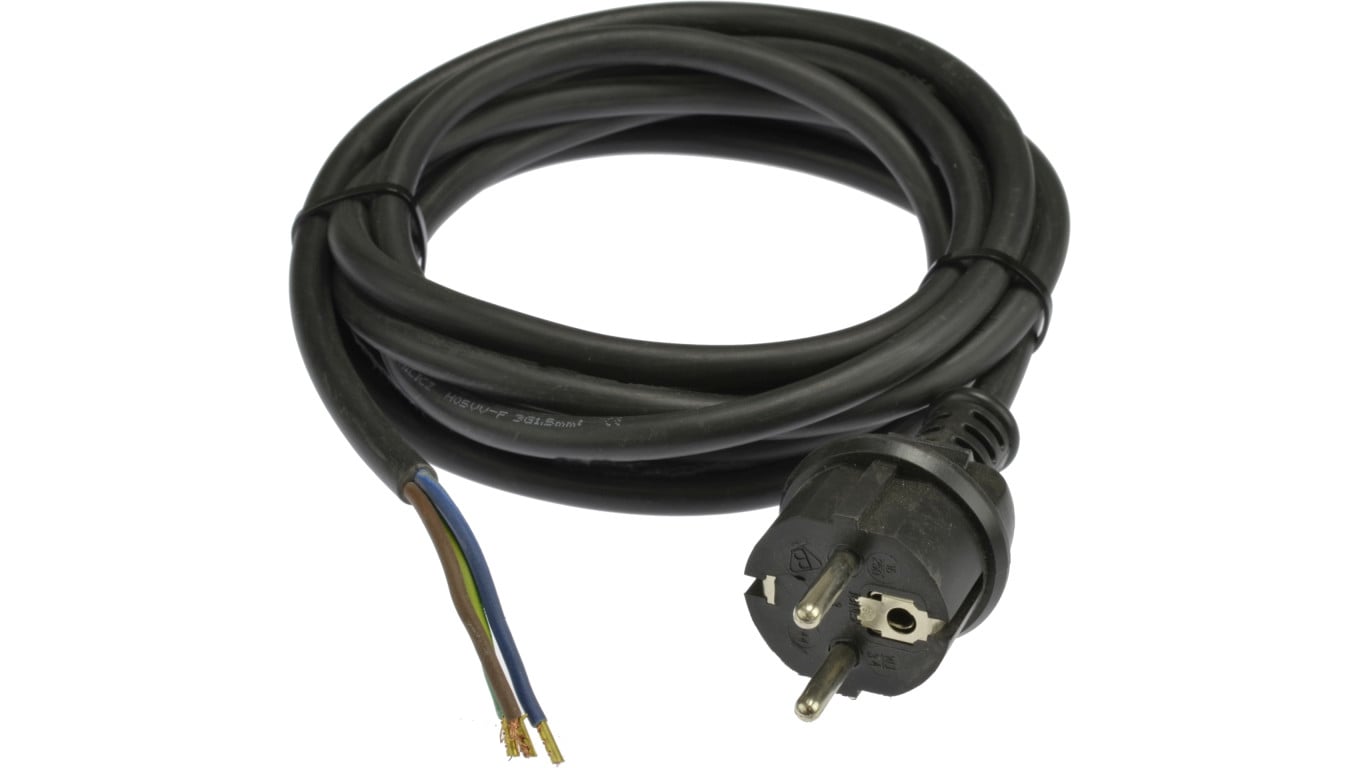 Przewód z wtyczką prostą H03VV-F 3x1,5mm 3m czarny IP44