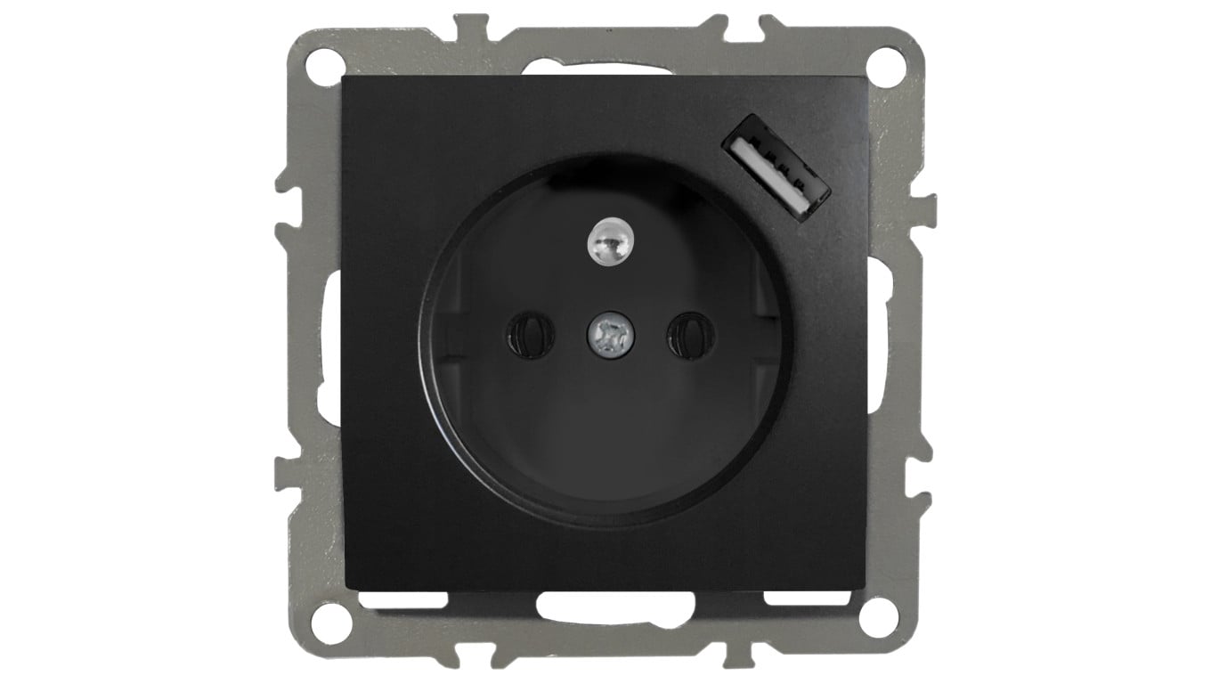 QUADRA GNIAZDKO Z BOLCEM, USB CZARNE DO RAMEK 230V