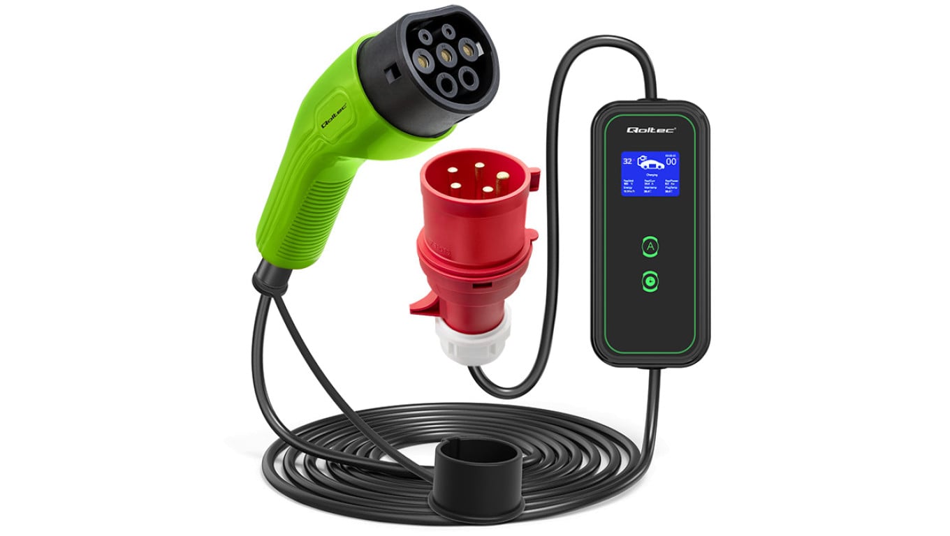 Qoltec Mobilna ładowarka do samochodu elektrycznego EV z regulacją 2w1 Typ2 7kW 230V CEE 3 PIN LCD Przenośna Wallbox 5m