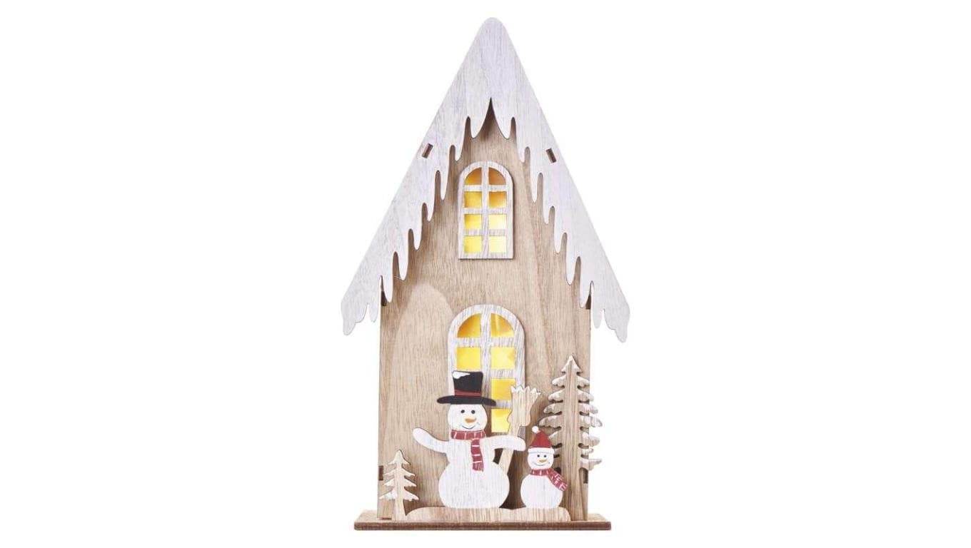 Dekoracje - 3 LED drewniany domek z bałwankami, 28 cm, 2x AA, ciepła biel, IP20, timer DCWW18