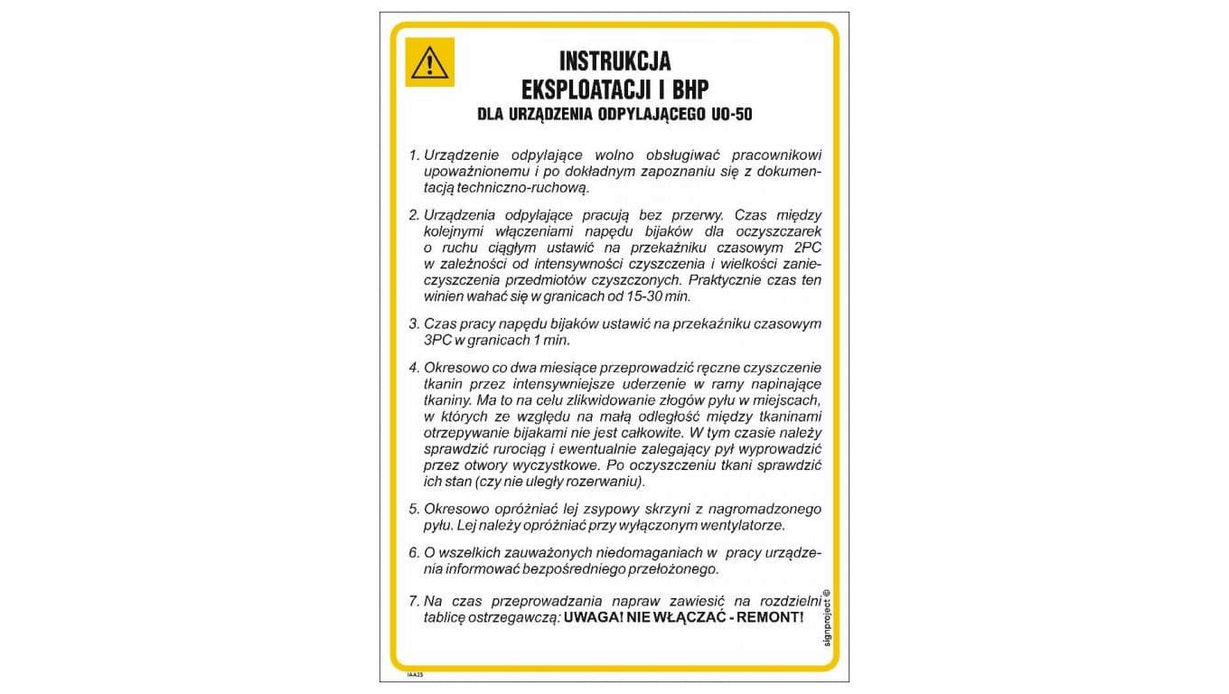 ZNAK - IAA23 Instrukcja eksploatacji i BHP dla urządzenia odpylającego UO-50 24,5 x 35 cm FN - Folia samoprzylepna