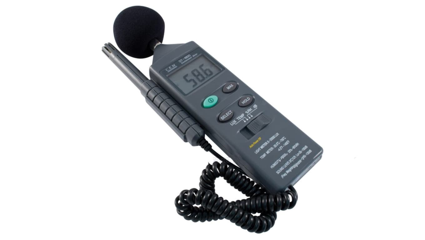 Miernik parametrów otoczenia DT-8820 natężenie oświetlenia, wilgotność powietrza, temperatura oraz natężenie dźwięku. DT-8820
