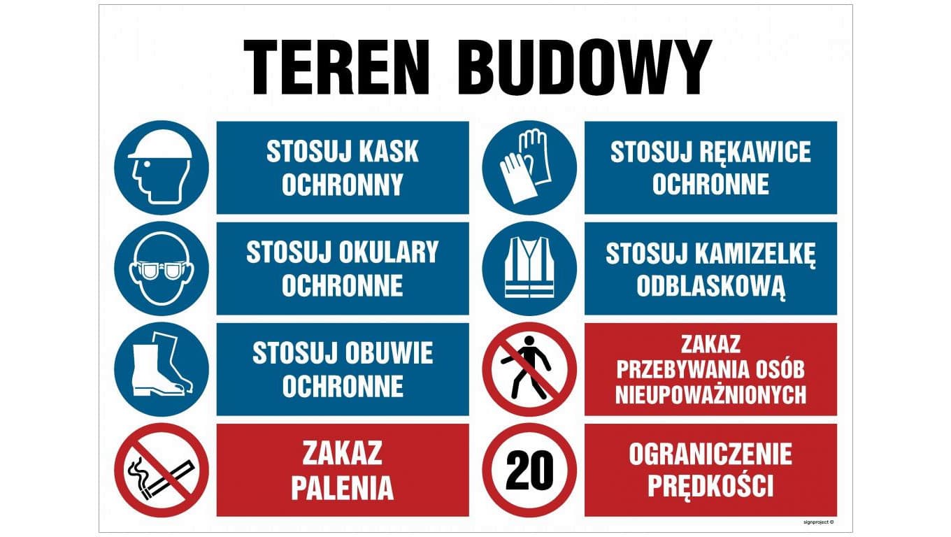 ZNAK - OI018 Teren budowy, Stosuj kask ochronny, Stosuj rękawice ochronne, Stosuj okulary ochronne, Stosuj kamize 100 x 75 cm FN