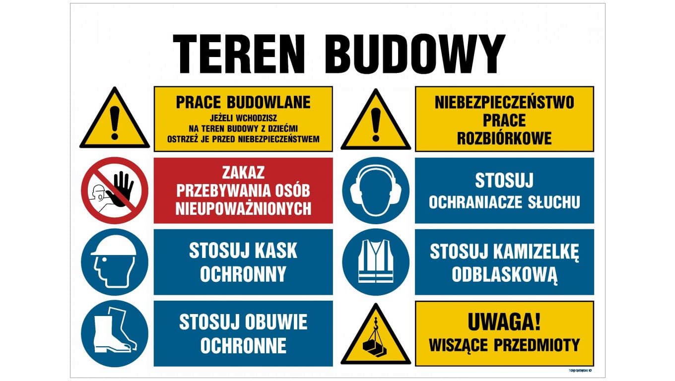 ZNAK - OI018 Teren budowy, Stosuj kask ochronny, Stosuj rękawice ochronne, Stosuj okulary ochronne, Stosuj kamize 100 x 75 cm PN