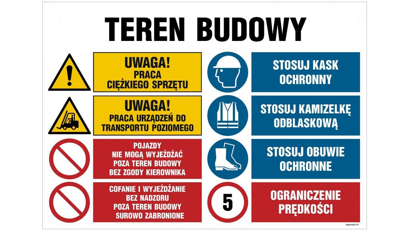 ZNAK - OI021 Teren budowy, Uwaga! Praca ciężkiego sprzętu 105 x 70 cm ON - Blacha ocynk