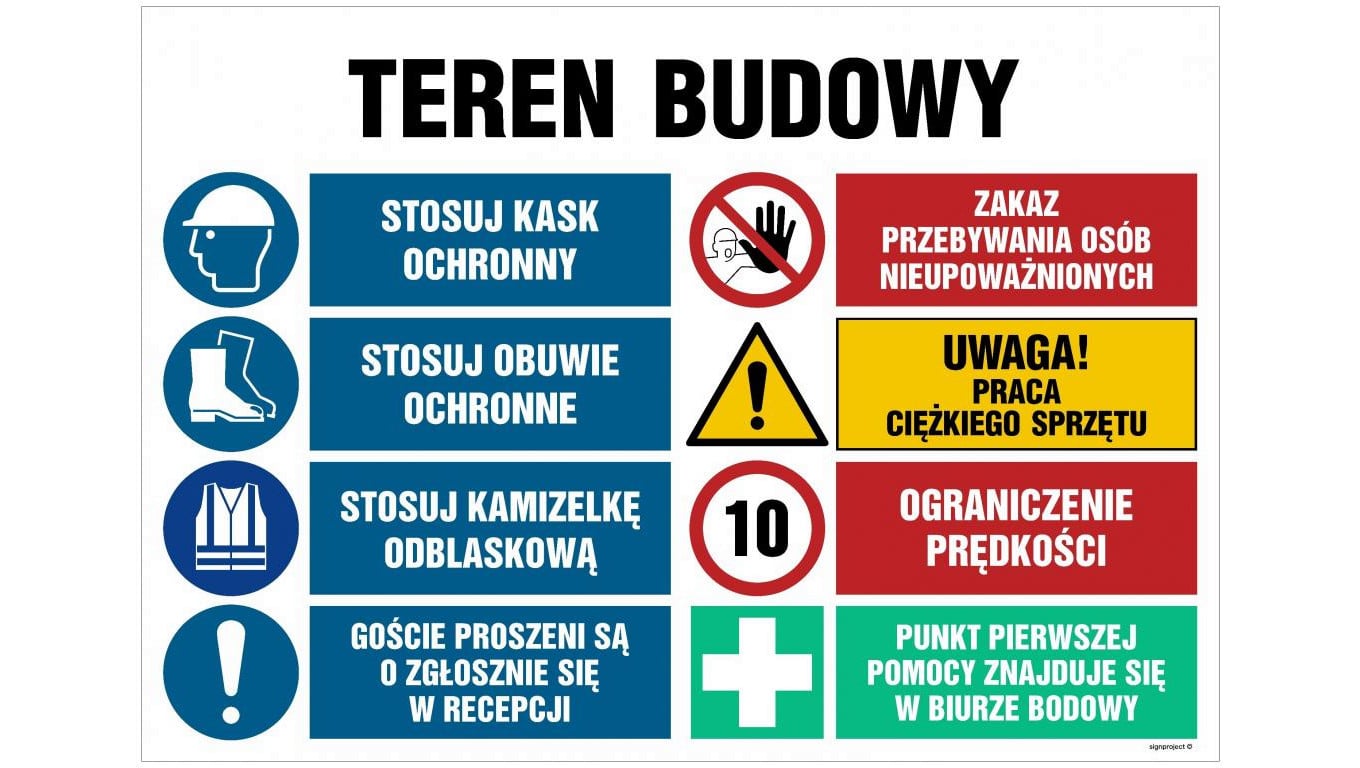 ZNAK - OI022 Teren budowy, Uwaga! Praca ciężkiego sprzętu 100 x 75 cm PN - Płyta 1mm