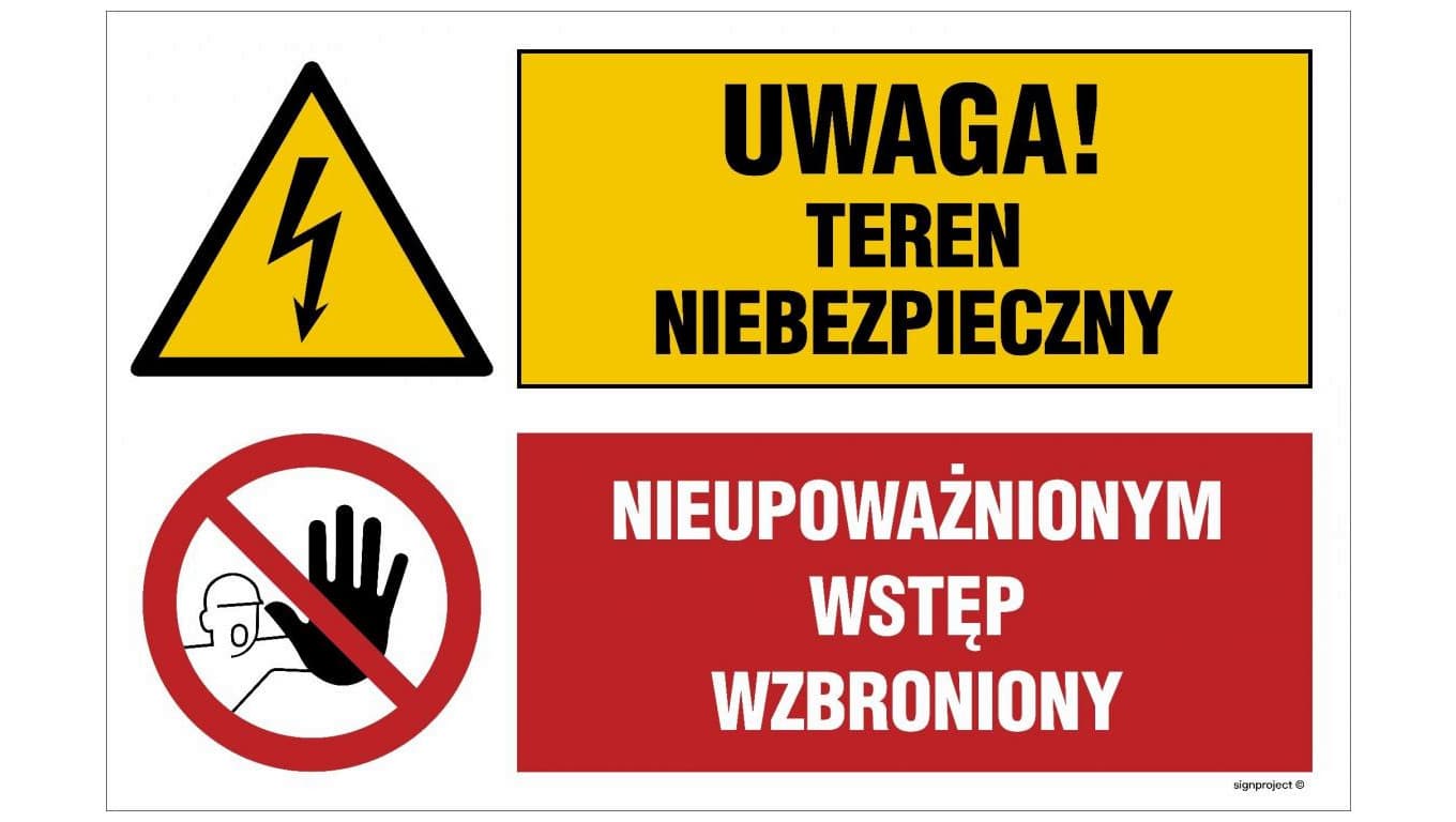 ZNAK - OI039 Uwaga! roboty na wysokości, Przejście zabronione 70 x 46,7 cm PN - Płyta 1mm