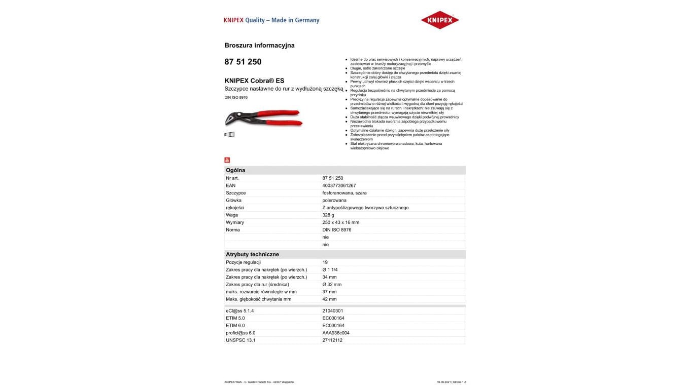 SZCZYPCE DO RUR COBRA Z WYDŁUŻONĄ SZCĘKĄ 250MM