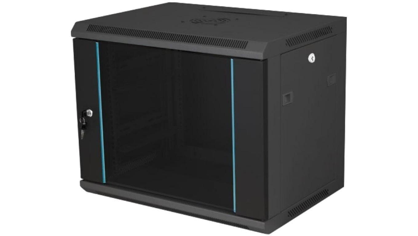 Szafka rack wisząca 19 15U 600x450, drzwi szklane, kolor czarny FLAT PACK