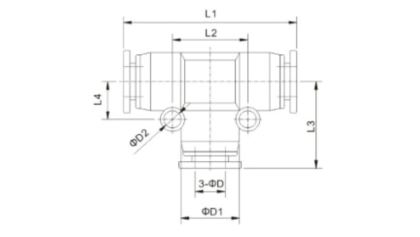 Trójnik pneumatyczny wtykowy redukcyjny typu T do węża z fi 2x6 mm na 1x4 mm, tworzywo sztuczne