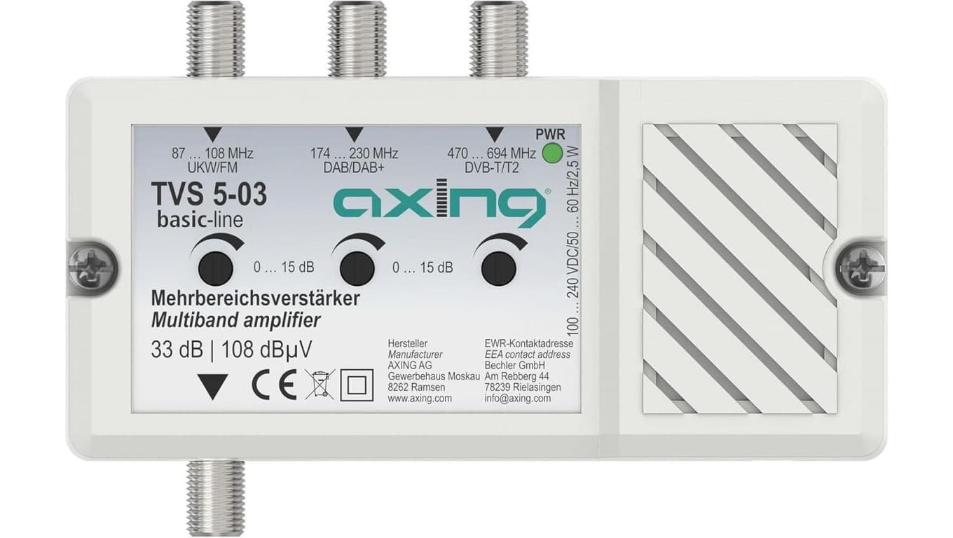 Wzmacniacz wielozakresowy AXING 3 wejścia: FM, DAB/DAB+, DVB-T/T2 33 dB / 108 dBµV TVS 5-03