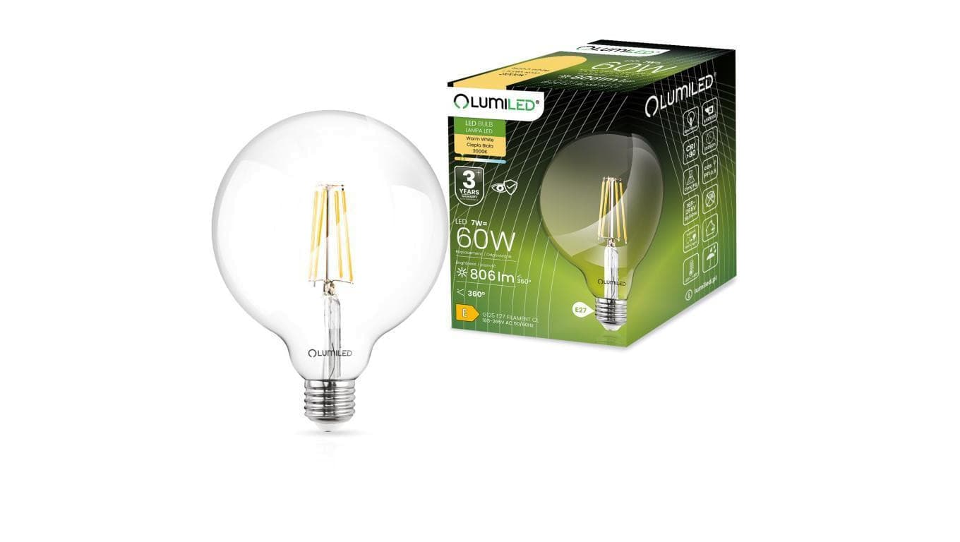 Żarówka Dekoracyjna Kulista LED E27 G125 7W 806lm 3000K Ciepła 360 Filament LUMILED globe