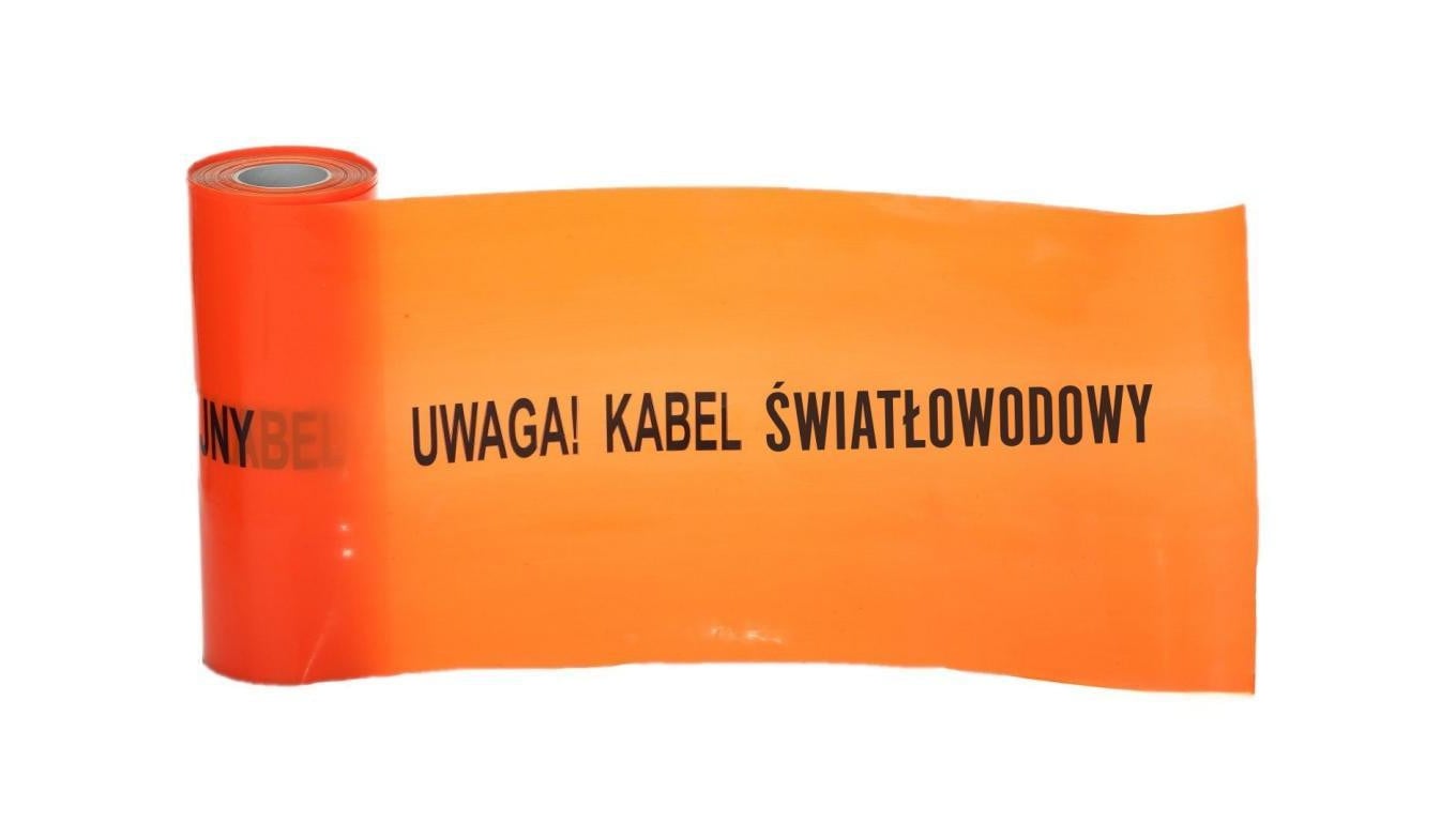 taśma ostrzegawcza kolor pomarańczowy szer. 20 cm gr. 0,1mm, z nadrukiem Uwaga Kabel Światłowodowy /200m/ TO-Opt/20