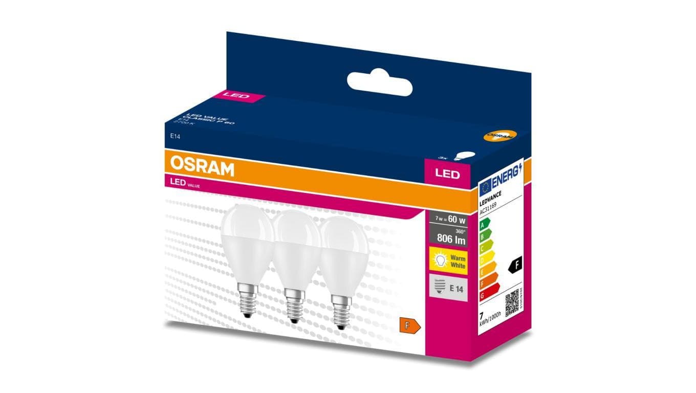 3PAK Żarówka LED E14 P45 7W = 60W 806lm 2700K Ciepła 200 OSRAM VALUE