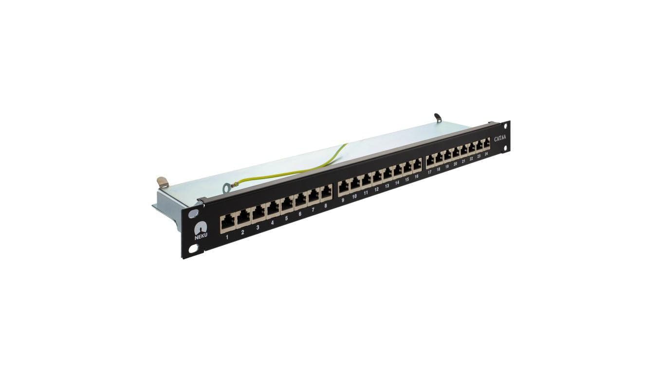 Patch panel RACK 19 kat.6A 24p FTP z półką 1U czarny NEKU