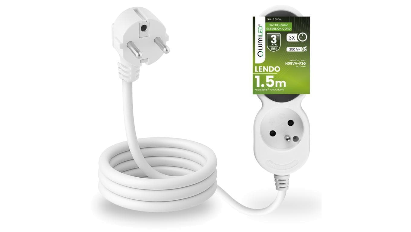 Przedłużacz Sieciowy Kabel z Uziemieniem Listwa Zasilająca 3 Gniazda 1.5m Biały Sznur Lendo Lumiled