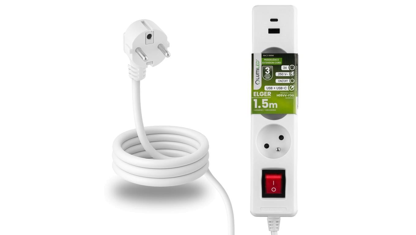 Przedłużacz Sieciowy Kabel z Uziemieniem Listwa Zasilająca 3 Gniazda 1.5m Włącznik ON/OFF Biały USB + USB-C Sznur ELGER Lumiled