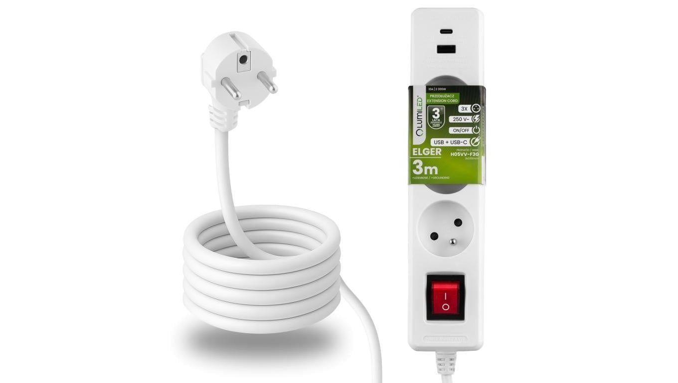 Przedłużacz Sieciowy Kabel z Uziemieniem Listwa Zasilająca 3 Gniazda 3m Włącznik ON/OFF Biały USB + USB-C Sznur ELGER Lumiled
