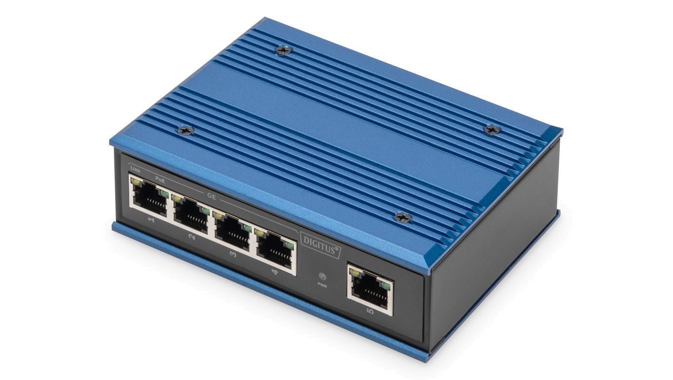 Przemysłowy switch 4x 1000Base-TX PoE 120W + 1x uplink 1000Base-TX DIN rozszerzony zakres temp. DN-651120