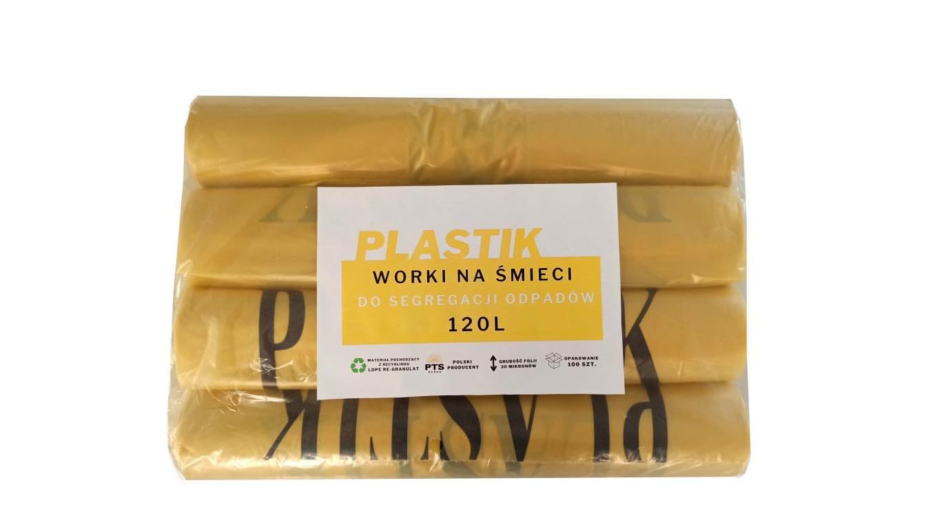 Worki na śmieci żółte 120l do segregacji odpadów nadruk Tworzywa Sztuczne op. 100szt.