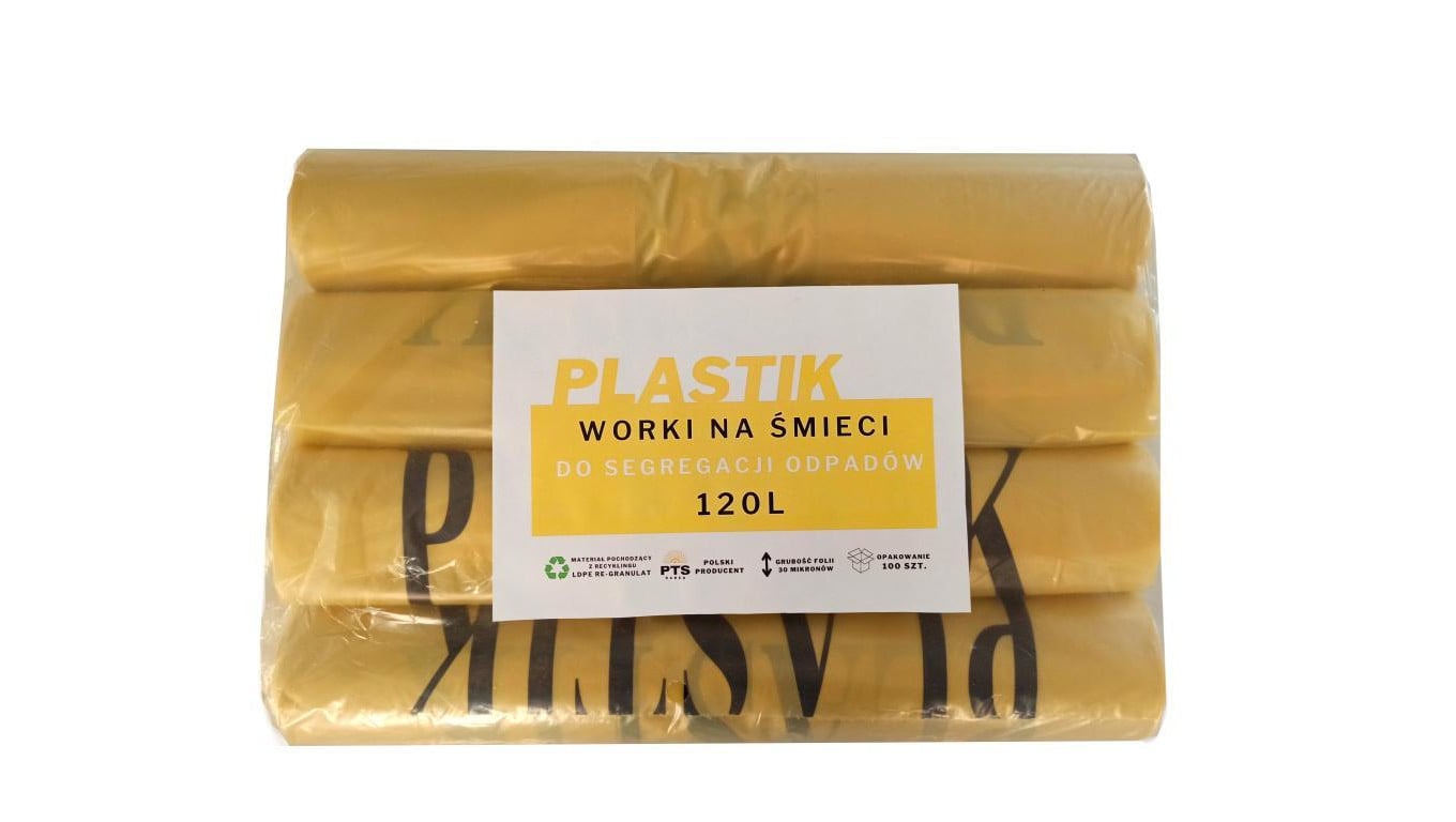 Worki na śmieci żółte 120l do segregacji odpadów nadruk Tworzywa Sztuczne op. 100szt.