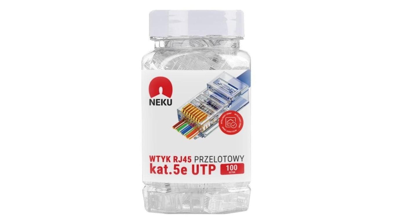 Wtyk modularny RJ45 8P8C kat.5e nieekranowany UTP uniwersalny drut linka przelotowy NEKU opakowanie SŁOIK 100szt.