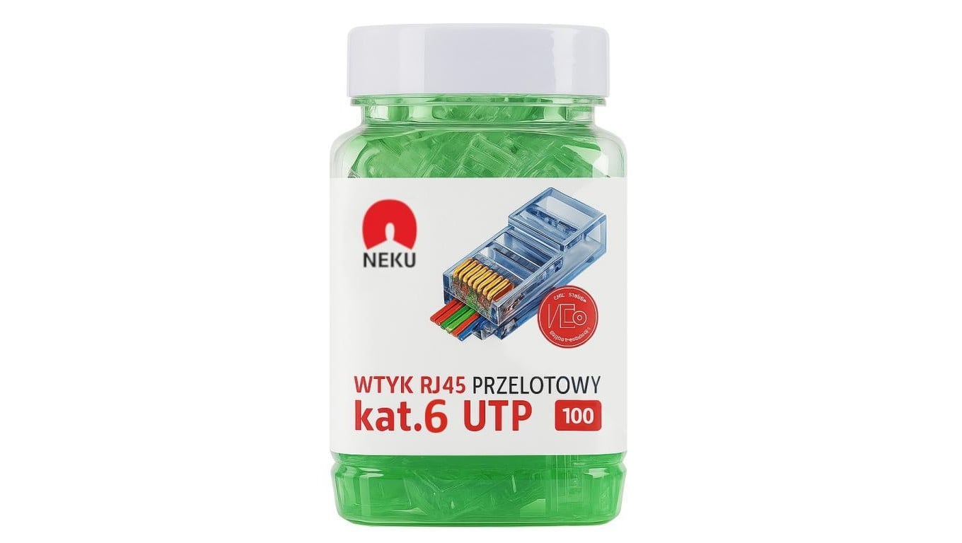 Wtyk modularny RJ45 8P8C kat.6 nieekranowany UTP uniwersalny drut linka przelotowy zielony NEKU opakowanie SŁOIK 100szt.