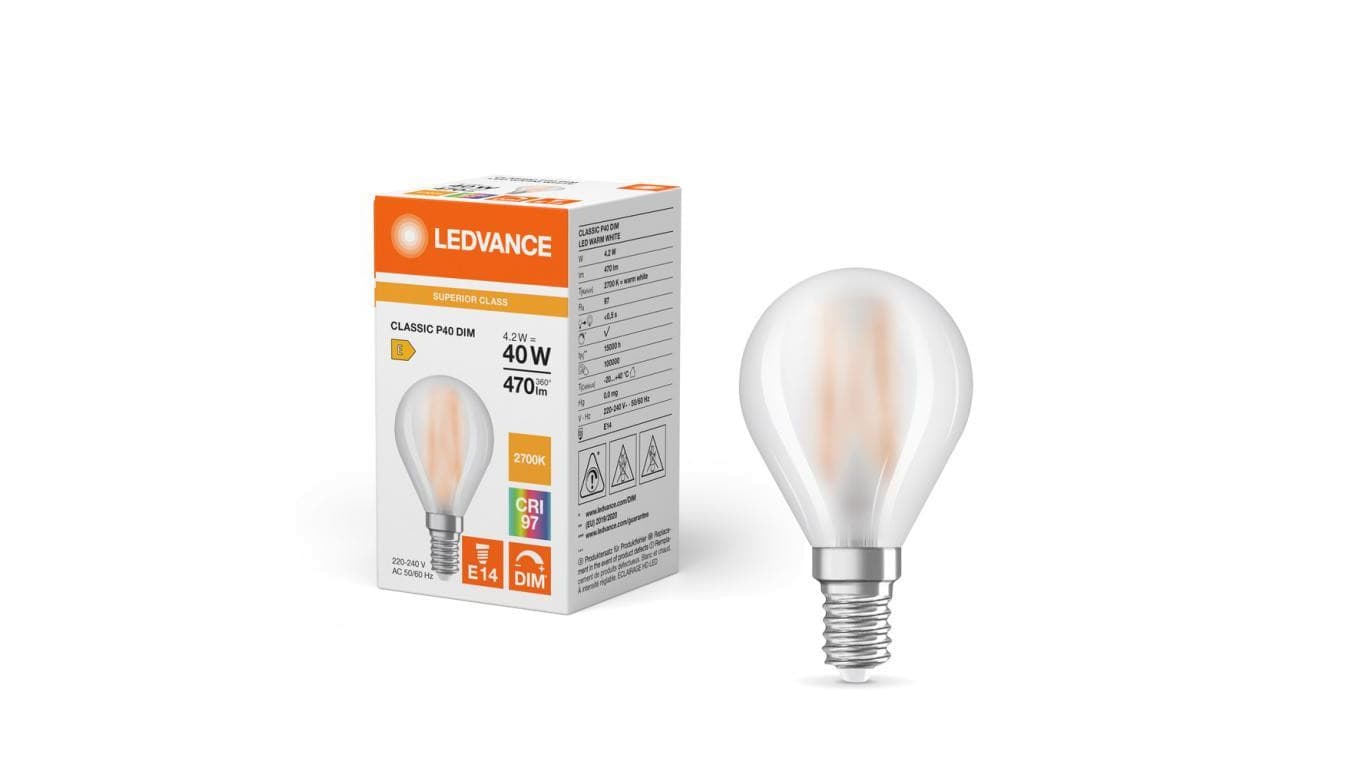 Żarówka LED P45 E14 4.2W = 40W 470lm 2700K Ciepła Biała FILAMENT ŚCIEMNIALNA LEDVANCE