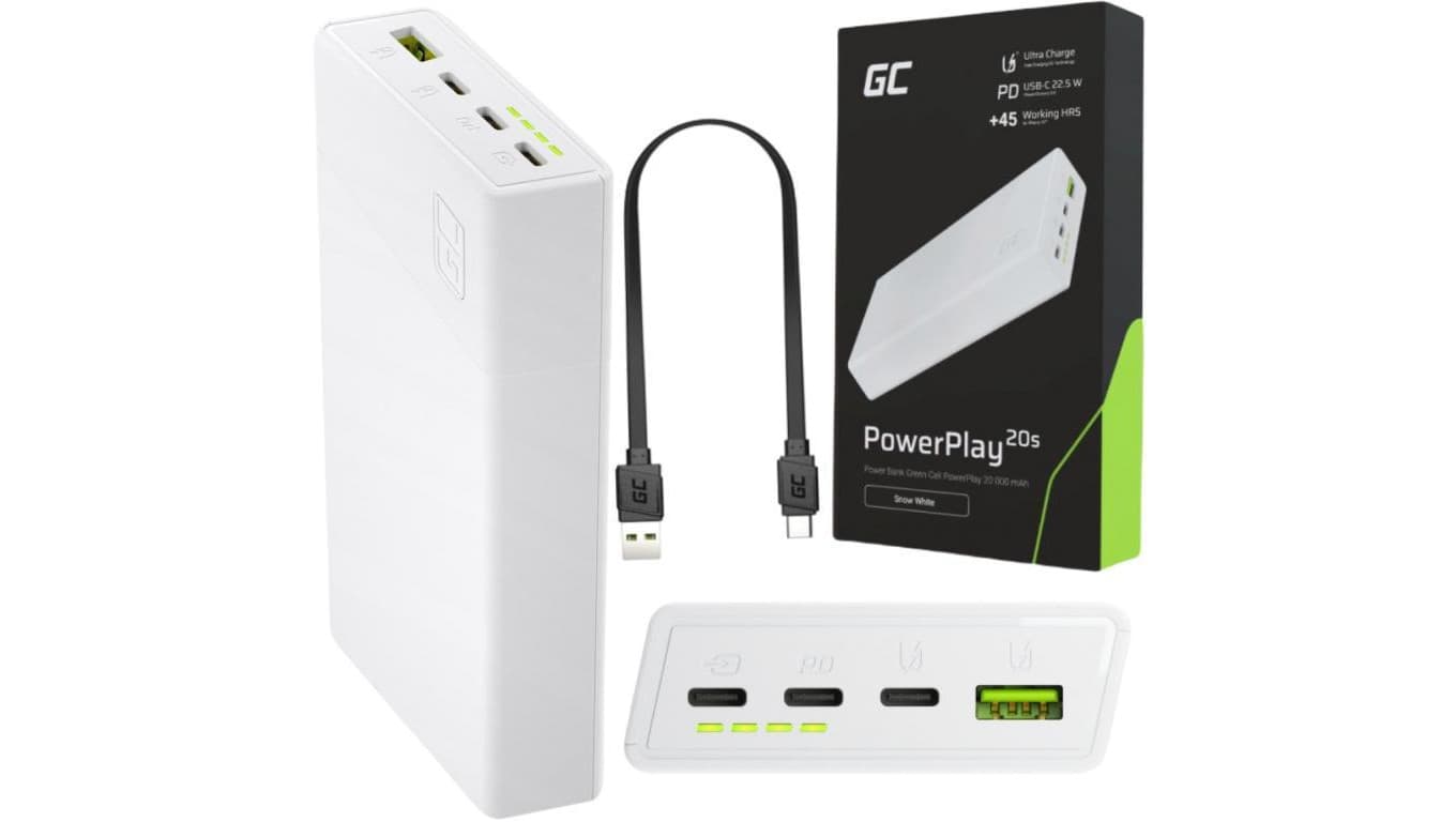POWERBANK Green Cell PowerPlay20S 20000mAh PD 22,5W QC 3.0 3x USB-C BIAŁY
