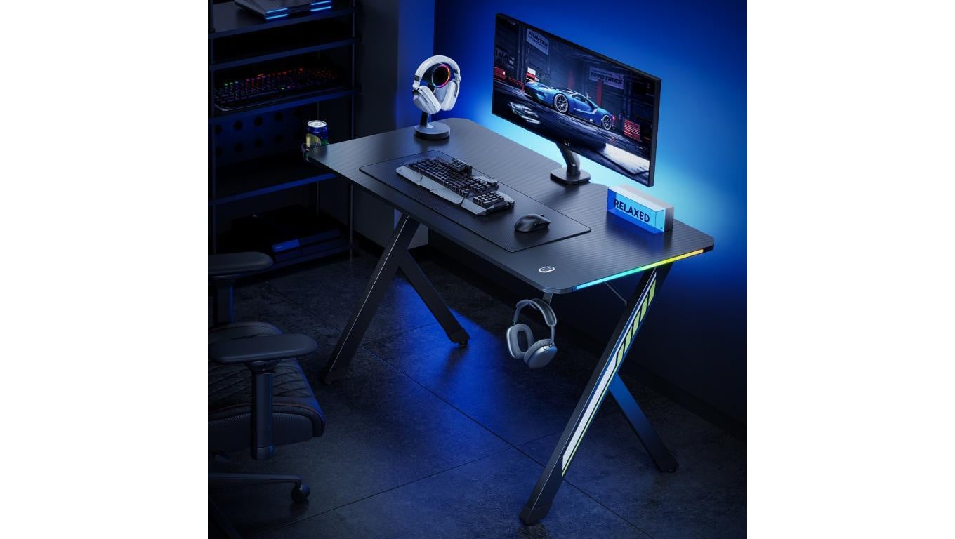 Biurko gamingowe NanoRS, czarne z uchwytem na słuchawki i kubek, podświetlenie RGB, max. 75kg, wymiary 1200x600x750mm, RS102