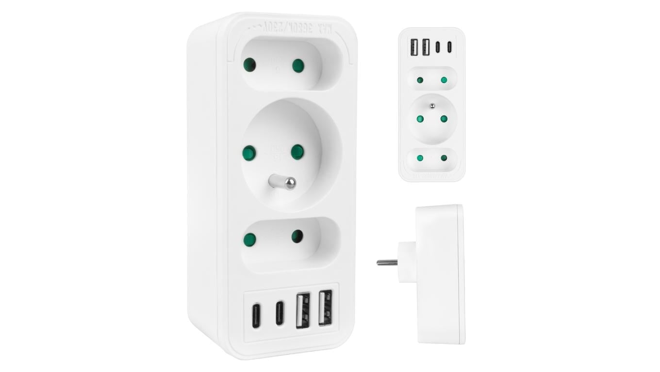 Gniazdko prądowe x3 + 4xUSB Maclean, rozgałęźnik z 3 gniazdami, 2xUSB A, 2xUSB C PD 20W, 1x16A + 2x6A, MCE248 F/W