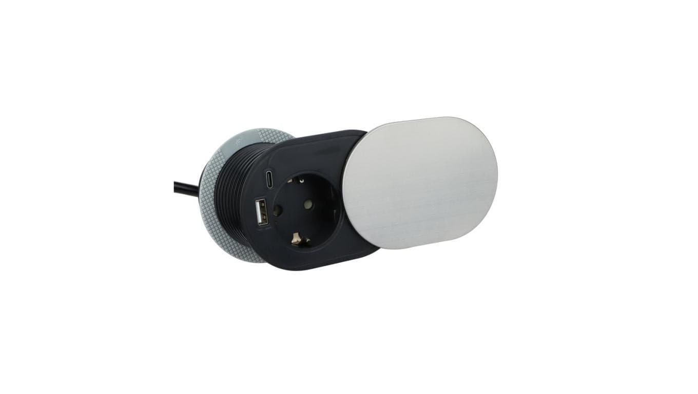 Gniazdo meblowe chowane w blat SLIDE BOX okrągłe aluminiowe pojedyncze 1x 2P+Z Schuko 16A + gniazdo ładowania 1x USB A 1x USB C