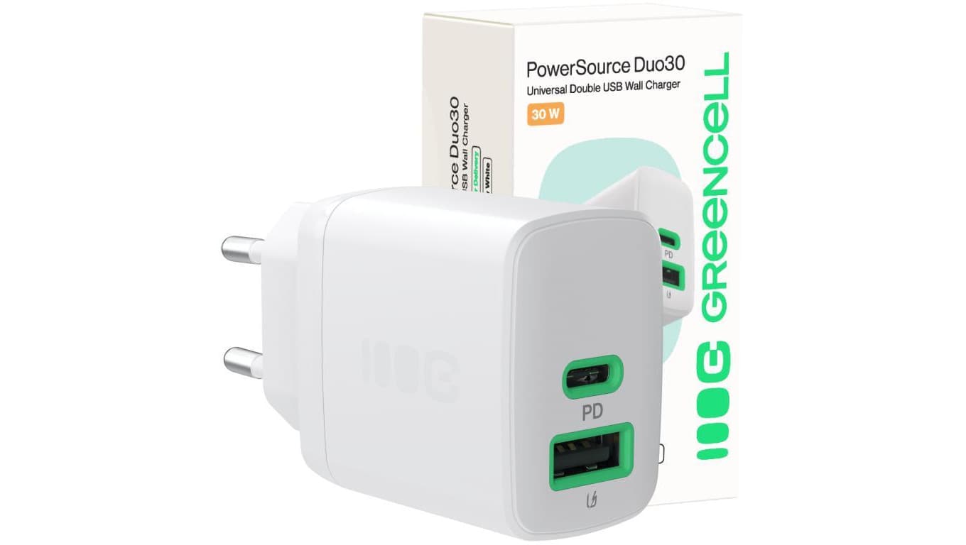 ŁADOWARKA SIECIOWA Greencell PowerSource Duo30 30W 1xUSB-C 1xUSB-A PD 3.0 QC 4.0+ biała