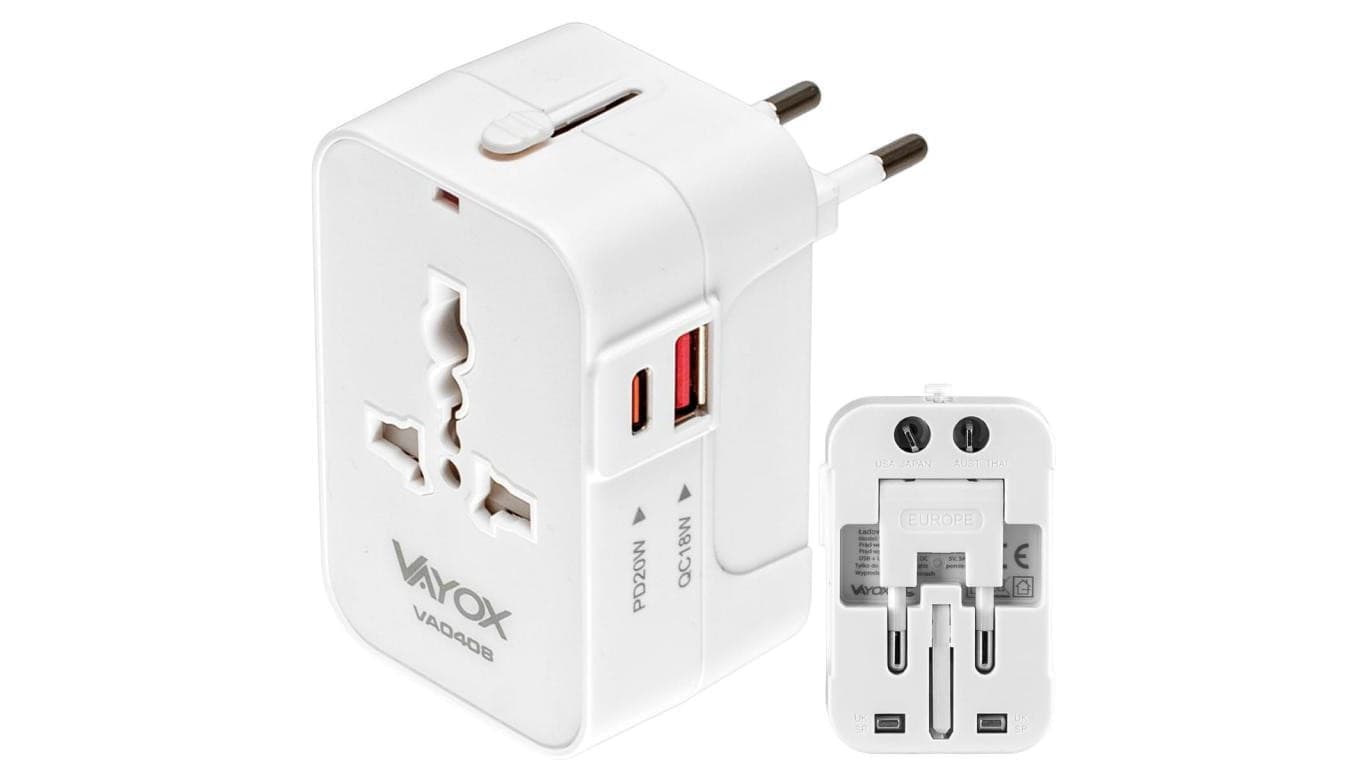 Ładowarka podróżna UK/US/EU/AU, USB-A, USB-C (PD20W) 100-240Vac 6A, 1500W VA0408 Vayox