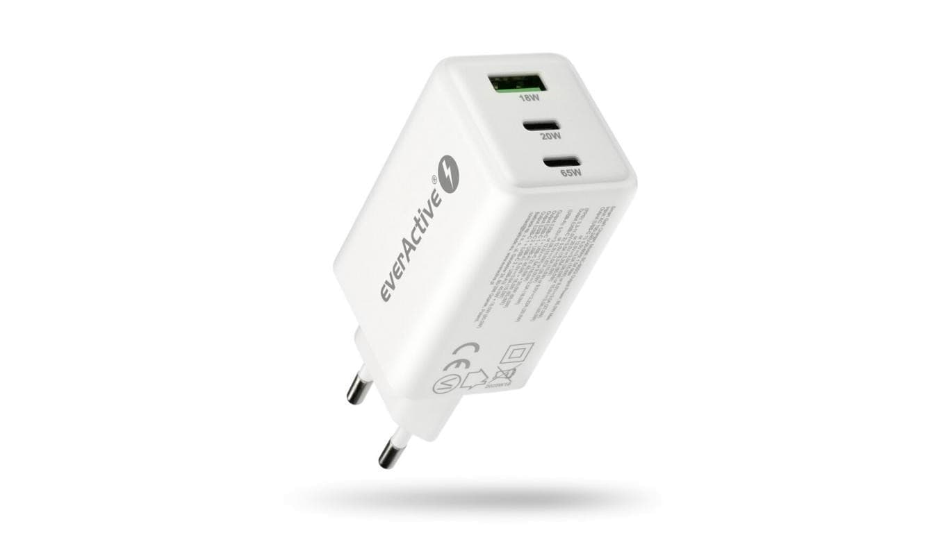 Ładowarka sieciowa everActive GaN SC-655Q z gniazdem USB oraz 2x USB-C PD PPS QC4+ 65W