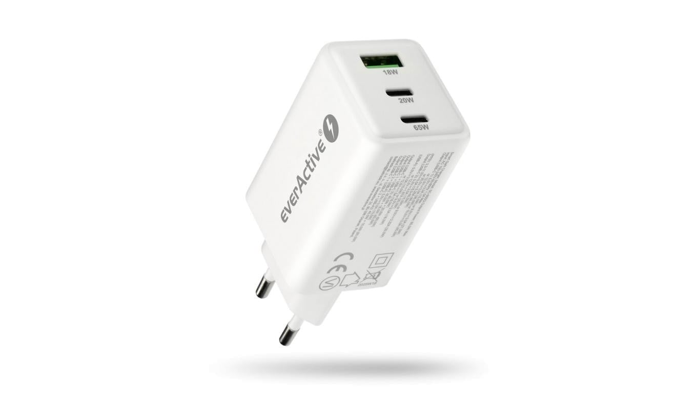 Ładowarka sieciowa everActive GaN SC-655Q z gniazdem USB oraz 2x USB-C PD PPS QC4+ 65W