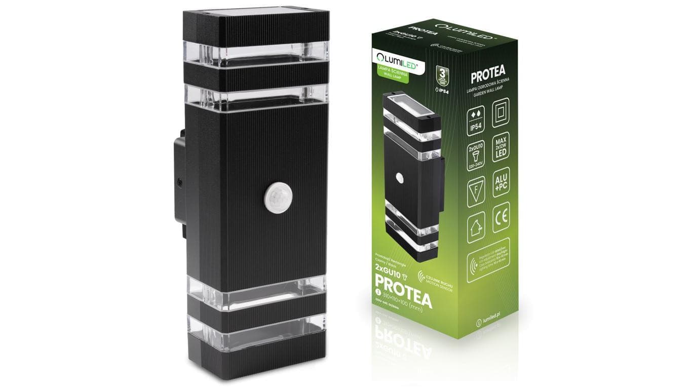 Lampa Ogrodowa Kinkiet Elewacyjny góra dół 2xGU10 Czarny Czujnik Ruchu i Zmierzchu IP54 PROTEA LUMILED